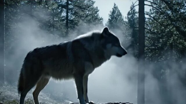 Majestic wolf howling at dawn in a misty forest wilderness