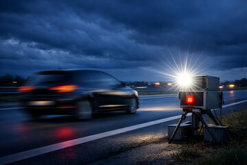 Car speed camera flash speeding night road motion blur traffic enforcement automotive street photography urban transportation safety light fast generative AI
