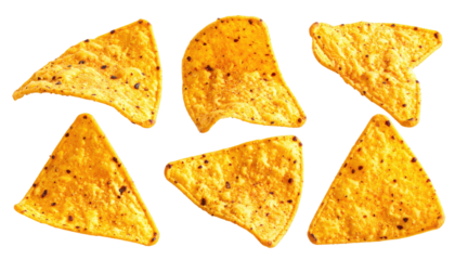 Six triangular, orange tortilla chips on black