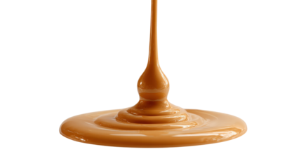 Golden caramel sauce pouring and dripping, forming a sweet puddle on transparent background, confectionery dessert ingredient