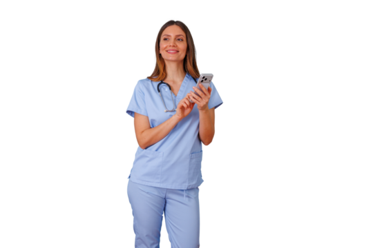 Nurse in scrubs using smartphone, connecting with healthcare technology and digital communication, standing on transparent background - Powered by Adobe