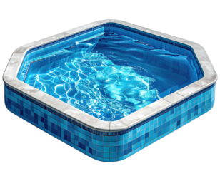 A square-shaped pool, filled with bright blue water, surrounded by tile and a stone border