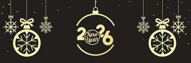 Elegant Happy New Year 2026 banner with golden baubles, snowflakes and hanging stars on a black background, luxury festive holiday illustration ideal for seasonal greetings, web headers and event invi © bibin