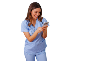 Female healthcare worker in scrubs smiling and typing on smartphone, using mobile technology, transparent background