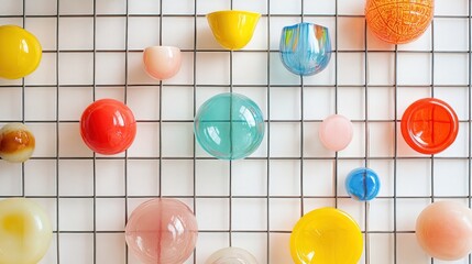 Vibrant Assortment of Colorful Glass Orbs and Bowls Displayed on a Grid