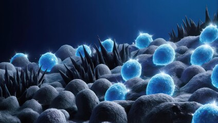 Microscopic View of Glowing Blue Bacteria on Textured Surface.