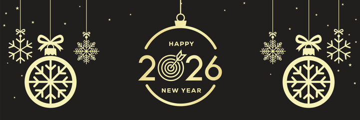 Elegant Happy New Year 2026 banner with golden baubles, snowflakes and hanging stars on a black background, luxury festive holiday illustration ideal for seasonal greetings, web headers and event invi © bibin