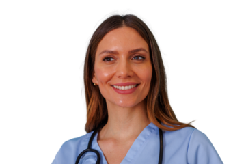 Happy medical professional or nurse posing, displaying empathy and care, on a transparent background