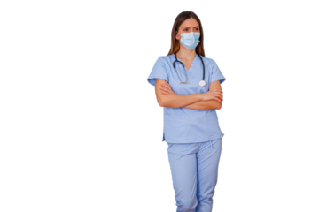Female healthcare worker in blue scrubs and medical mask, standing with arms crossed, transparent background