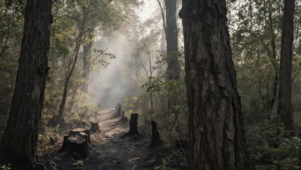 Misty Forest Sunlight Beams Through Trees After Logging.