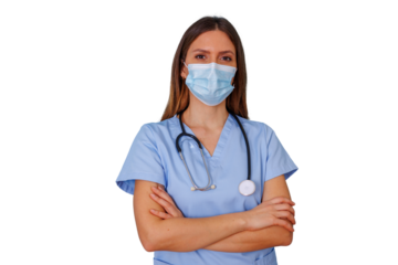Healthcare professional nurse woman wearing medical face mask, scrubs and stethoscope, standing confidently