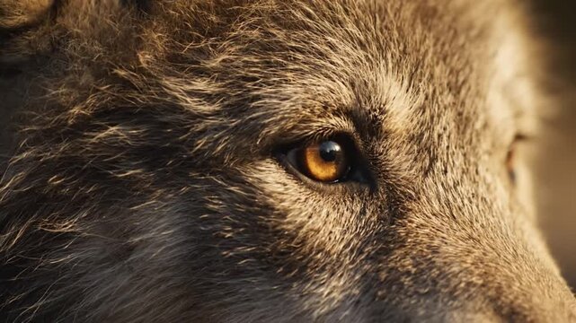 Intense golden eye of a majestic wild wolf in natural light
