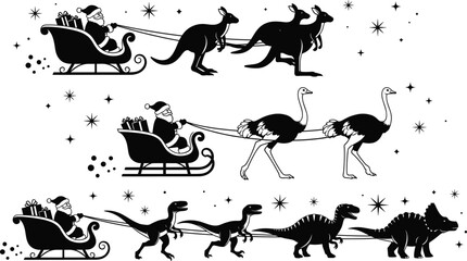 Santa Claus riding sleigh pulled by kangaroos ostriches and dinosaurs vector silhouette set for funny Australian Christmas and prehistoric holiday themed design. © MdShakil