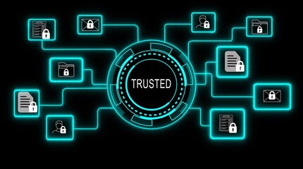 Futuristic Cyan Neon Network Diagram with Central Hub and Connected Nodes on Black Background abstract - Powered by Adobe