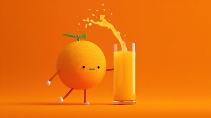 Funny Orange Drinking Fresh Juice with Straw &ndash; Creative Food Concept on Yellow Background