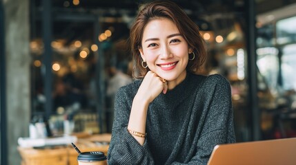 Smiling Young Woman Using Smartphone and Laptop in Cozy Night Caf&eacute; Setting