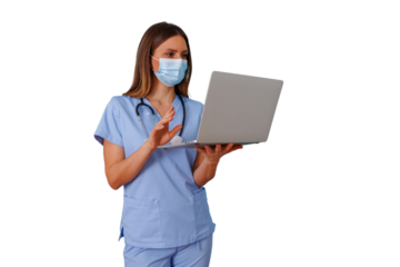 Healthcare worker in scrubs and mask using laptop for virtual consultation, teleconsulting patient, transparent background