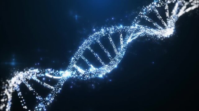 光の粒子で構成されたDNAが浮かぶ近未来的な背景グラフィック動画