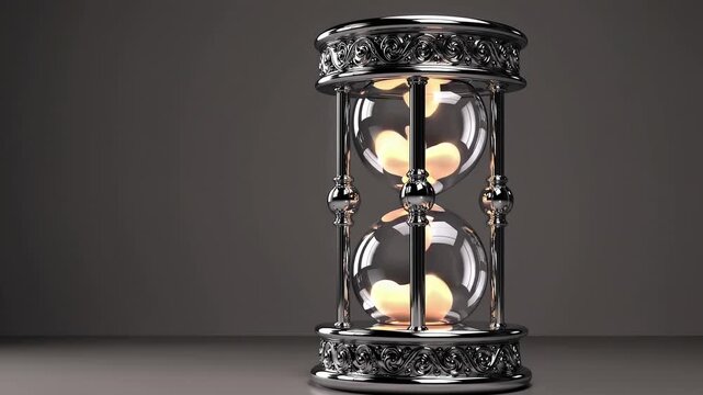 Elegant ornate silver hourglass with flowing golden sand on dark background, time passing concept, luxury design