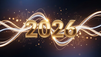 Golden 2026 year with dynamic light trails and sparkling bokeh particles on a dark background