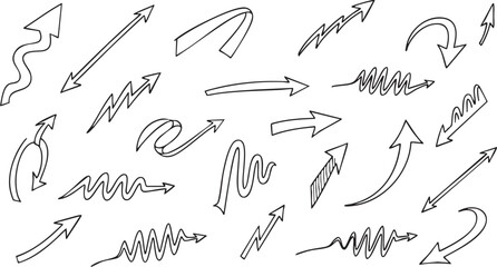 A collection of hand-drawn doodle arrows in various styles and directions, perfect for graphic design elements.