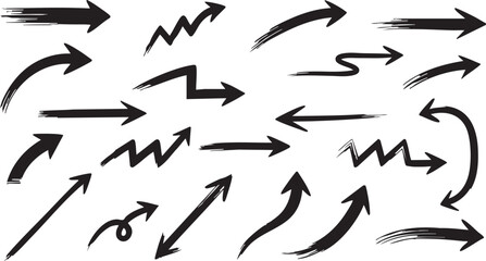 Collection of hand-drawn black arrows with various styles and directions, featuring a brushstroke effect.