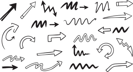 A large collection of hand-drawn doodle arrows in various styles and directions, including straight, curved, wavy, and spiral designs.