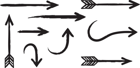 A collection of hand-drawn black arrows in various styles and directions, including straight, curved, and feathered designs, on a white background.