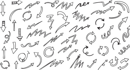 A large collection of hand-drawn doodle arrows pointing in various directions and styles, isolated on a white background.