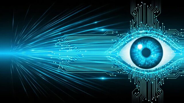 A futuristic blue eye with circuit board lines and bright light rays on a dark background representing technology and vision