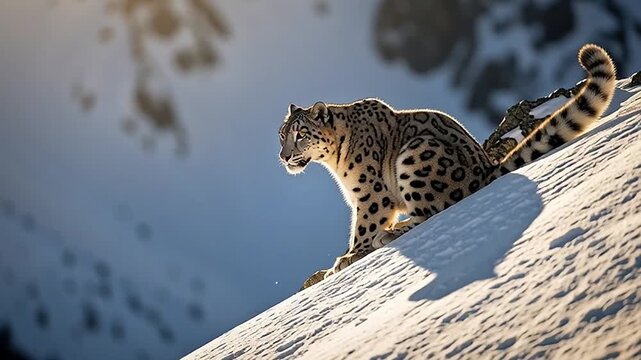 A majestic snow leopard moves gracefully across a pristine, sunlit, snow-covered mountain slope, its spotted fur blending with high-altitude wilderness