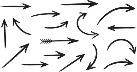 A collection of hand-drawn black arrows pointing in various directions and styles on a white background.