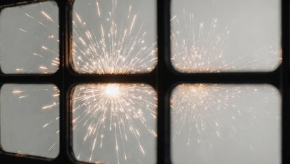 Sparkling Fireworks Display Through a Window Pane.