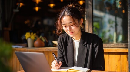 Smiling Young Woman Using Smartphone and Laptop in Cozy Night Caf&eacute; Setting