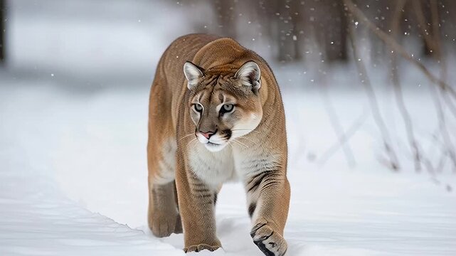 Regal cougar silently navigating a pristine, snow-covered forest during winter, its powerful presence a testament to wild beauty and adaptation in a cold, natural habitat