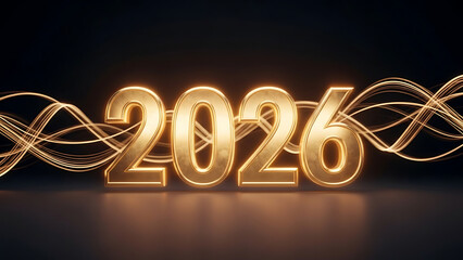 Gleaming golden year 2026 against a backdrop of dynamic light waves, symbolizing future prosperity