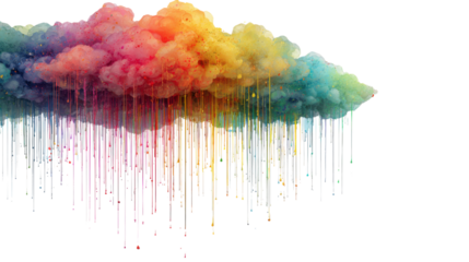 Colorful abstract cloud spraying dripping vibrant paint, creative paint mist dissolving dissolving, transparent background