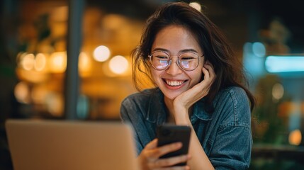 Smiling Young Woman Using Smartphone and Laptop in Cozy Night Caf&eacute; Setting