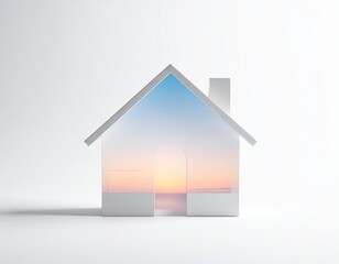 Icono abstracto de casa con contorno suave y minimalista, fondo veraniego claro