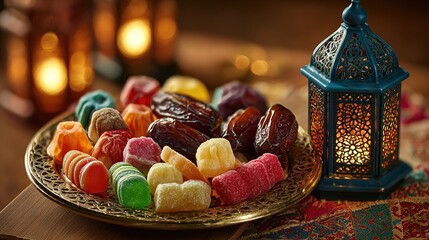 Colorful Turkish Delight Sweets with Traditional Lantern &ndash; Festive Islamic Dessert Concept