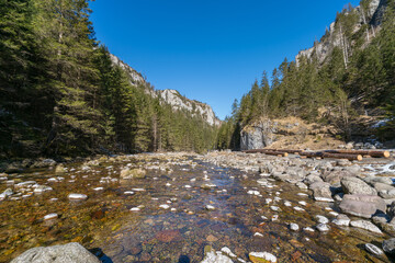 Water stream at Dolina Koscielicka valley. Polish west Tatry mountains in winter