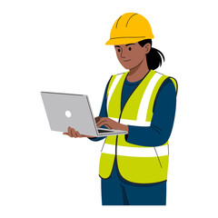 Woman engineer working on a laptop wearing hard hat and safety vest