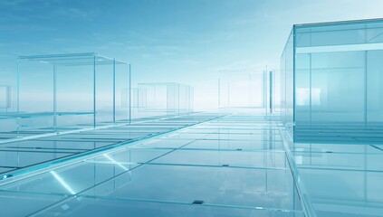 Futuristic glass architecture interior with transparent walls and reflective floor representing innovation modern design and technology driven space