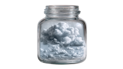 Cloudscape captured inside a glass jar, a conceptual representation of preserved weather and dreamlike freedom
