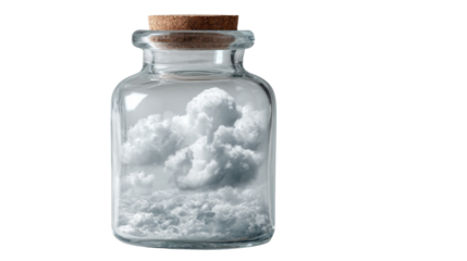 Glass jar capturing white cumulus clouds with cork stopper, symbolizing dreams, imagination, and freedom on transparent background