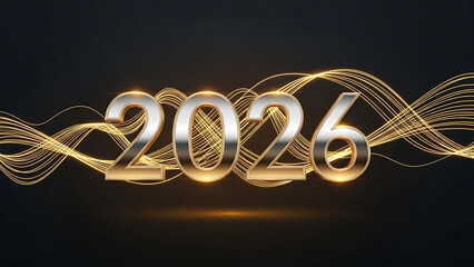 Shimmering 2026 golden metallic text with elegant flowing light trails on a dark background