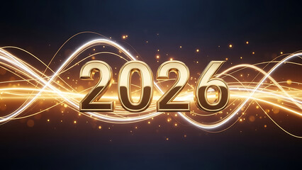 Golden metallic number 2026 shimmering brightly amidst dynamic light trails and sparkling particles