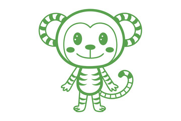 Fototapeta premium Cartoon monkey with a happy expression standing with a green outline on a white background