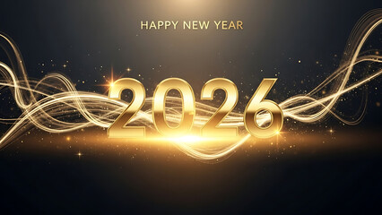 Happy new year 2026 with elegant golden light streaks and shimmering particles
