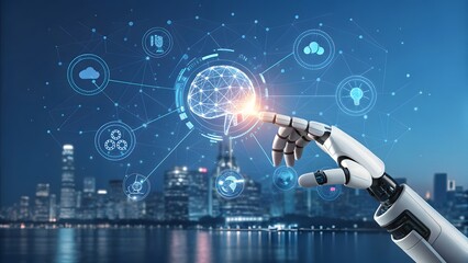 Robotic hand interacting with a glowing digital brain interface connected to cloud computing icons over a modern city skyline at night